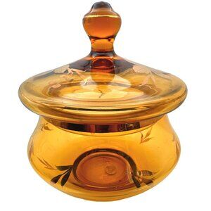 Vintage Roumania Amber Color Glass Jar Candy Dish Gold Trim Leaf Design European